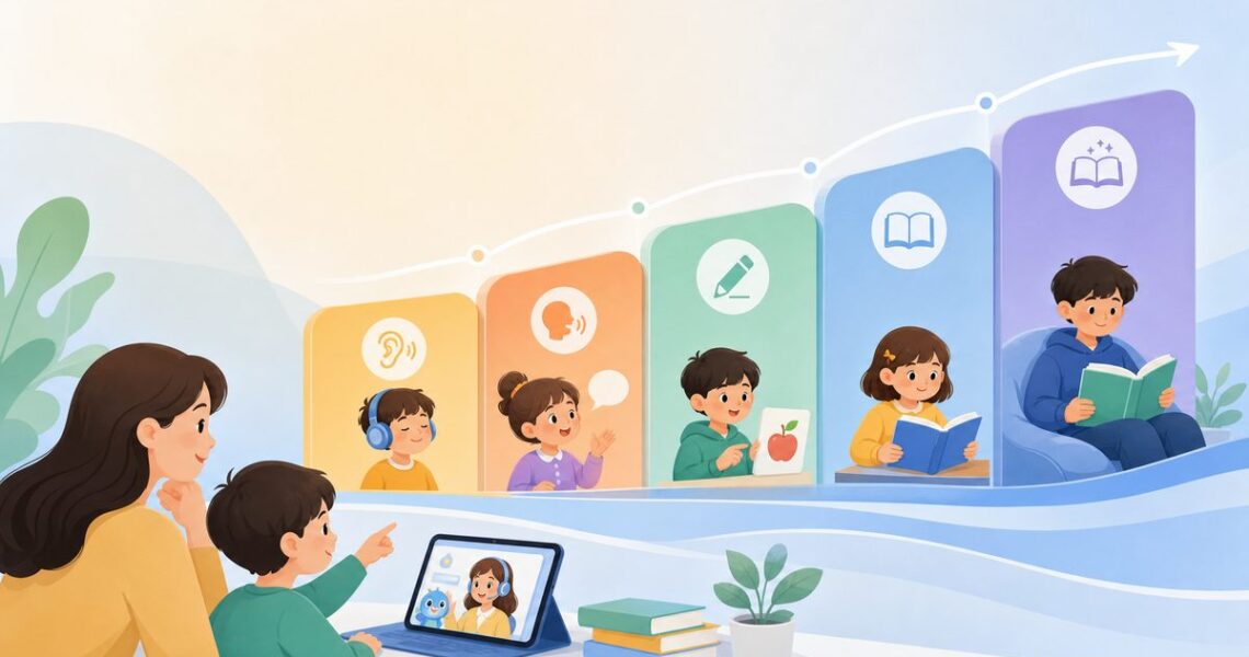 少儿英语启蒙路线图五阶段示意图:听力输入、开口表达、自然拼读、分级阅读、自主阅读按年龄区间叠瓦式排列