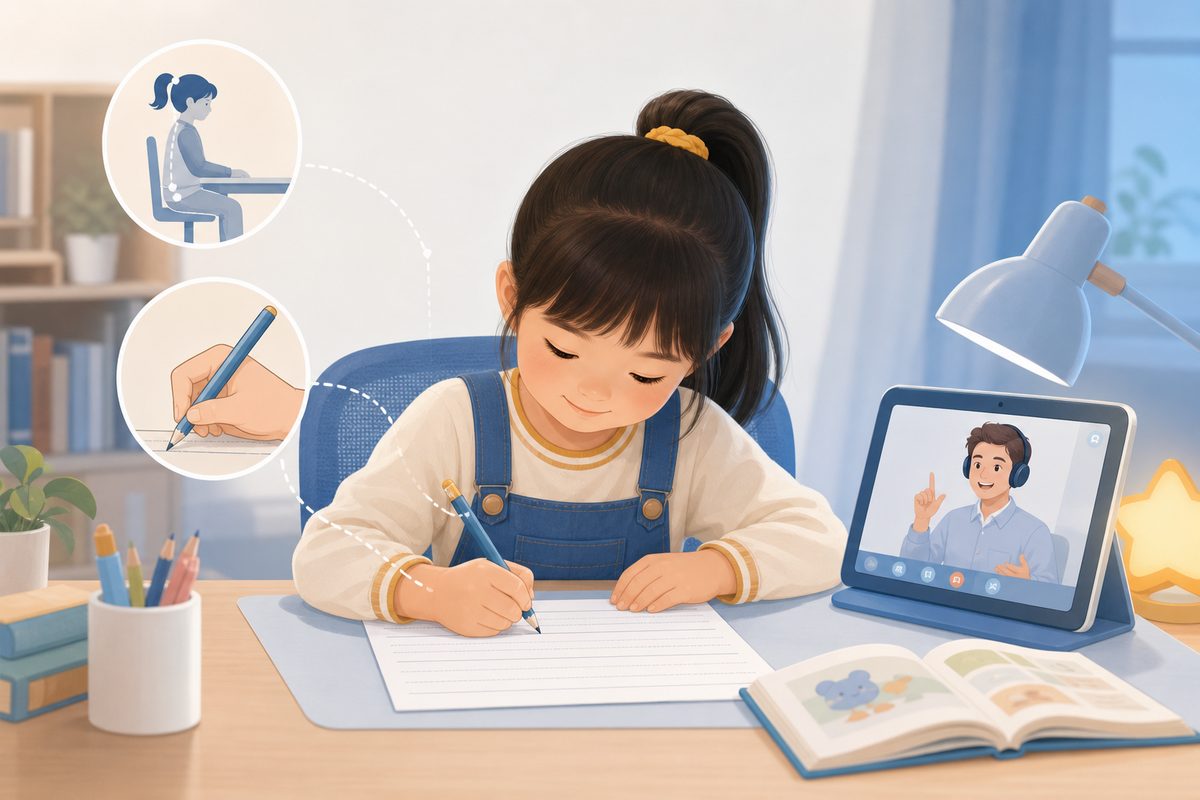 孩子在四线三格练习纸上握笔书写小写字母的坐姿与握笔角度