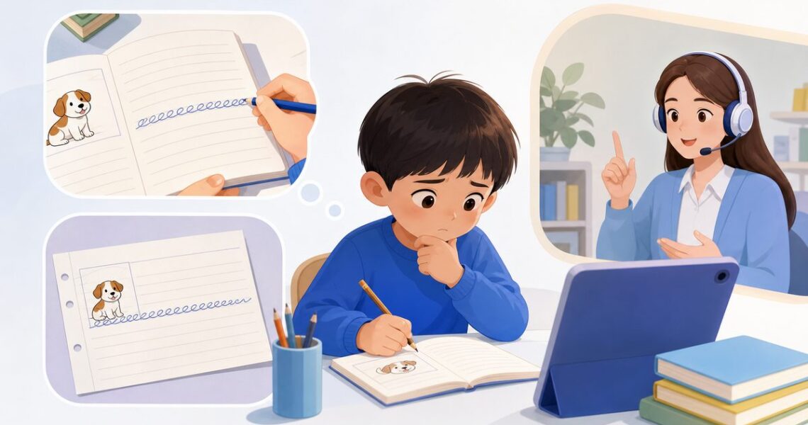 孩子英语句子写不出来时的典型作业样本：单词粘连成一串、没有词间距、句末缺标点