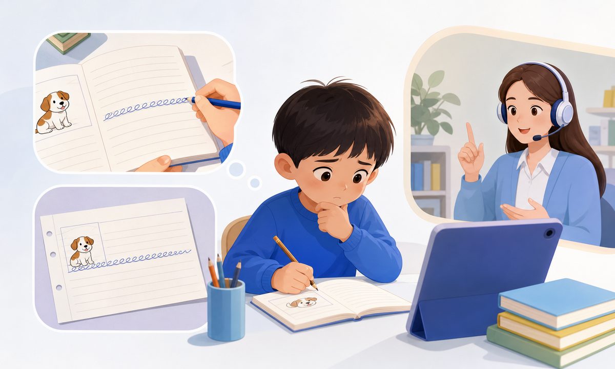 孩子英语句子写不出来时的典型作业样本：单词粘连成一串、没有词间距、句末缺标点