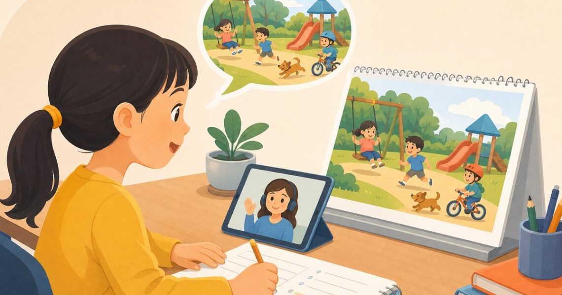 孩子看着一张公园场景图，先用英语口头说出句子，再照着句型支架把英语看图写句子写到练习本上