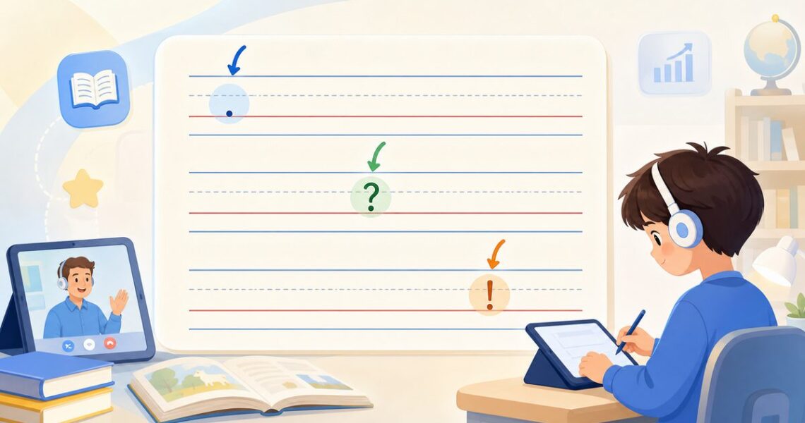 四线三格中正确书写的英语句子示例,用箭头标出英语句首大写标点的三个位置