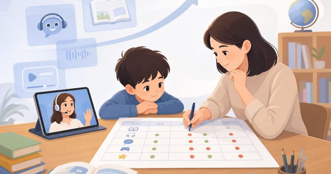 家长用一周记录表排查孩子学英语没动力的原因，表格上标注启动方式与中断次数