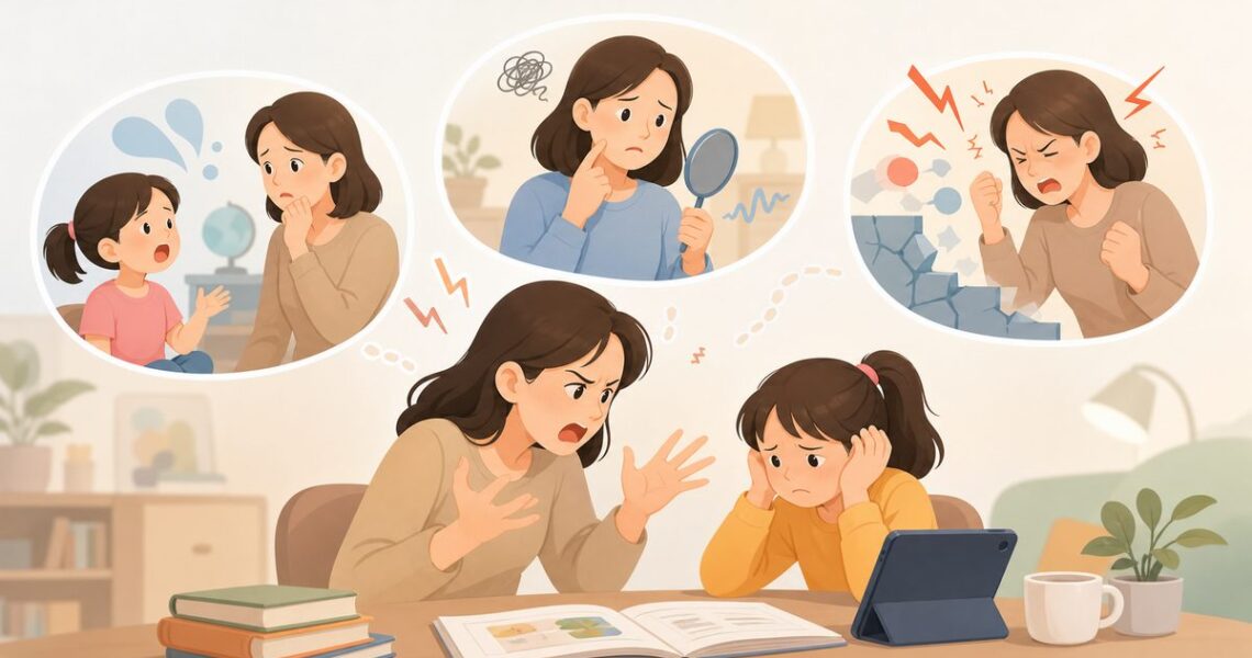 陪孩子学英语总发火的三个学科诱因示意图:即时开口暴露、家长发音不自信、情绪升高导致输入受阻
