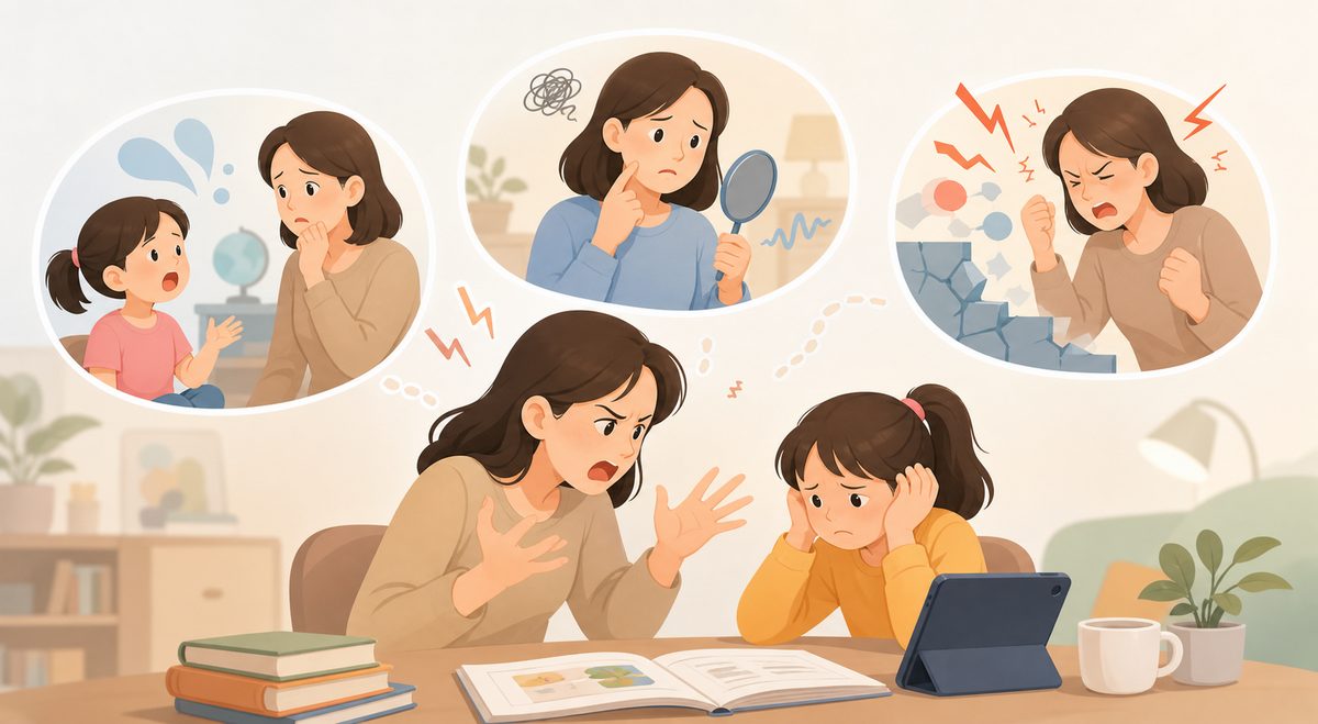 陪孩子学英语总发火的三个学科诱因示意图:即时开口暴露、家长发音不自信、情绪升高导致输入受阻