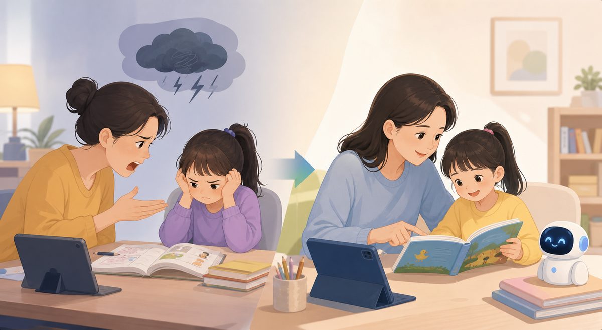 家长从纠错者切换为陪练角色前后的陪学场景对比:对坐提问改为并肩共读