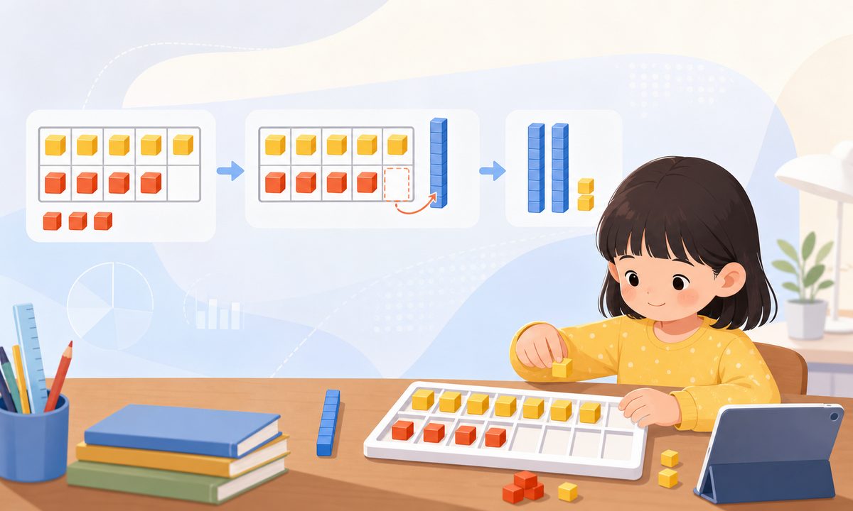 孩子用十格阵和小方块摆出进位加法的过程