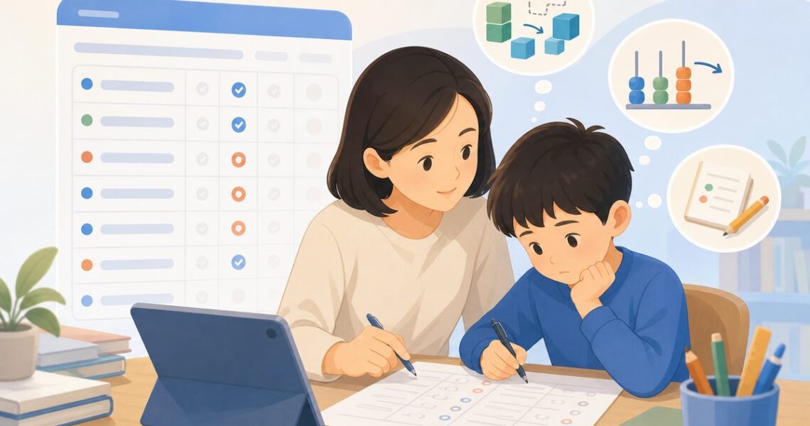 家长用12题诊断表记录孩子进位退位加减总出错的题号、用时和错法