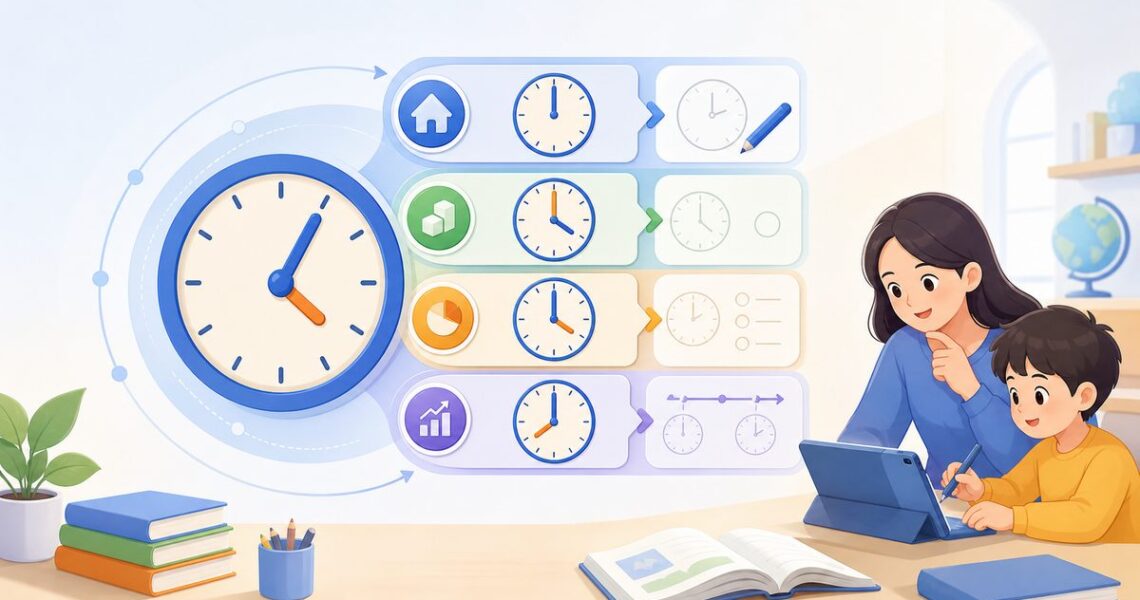 孩子认识钟表看时间的四层自查流程示意图，从整点到时间推算逐题定位