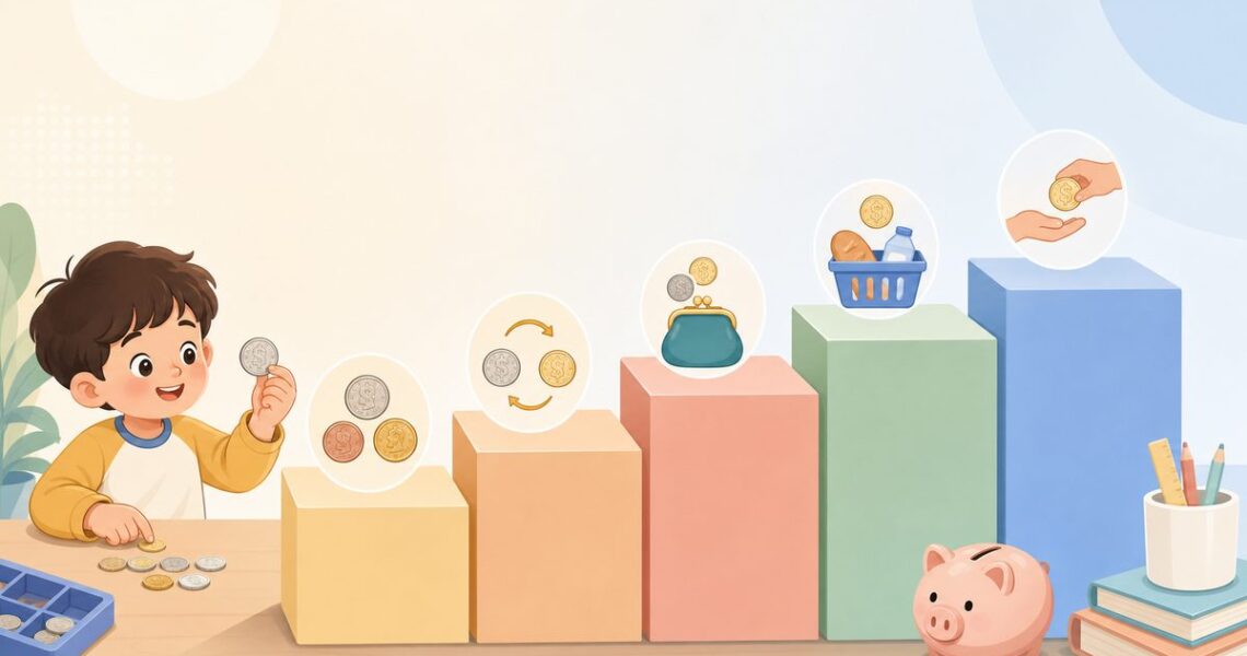 孩子认识钱币算钱的五级台阶示意图:认币、换算、凑付、合价、找零由低到高依次排列