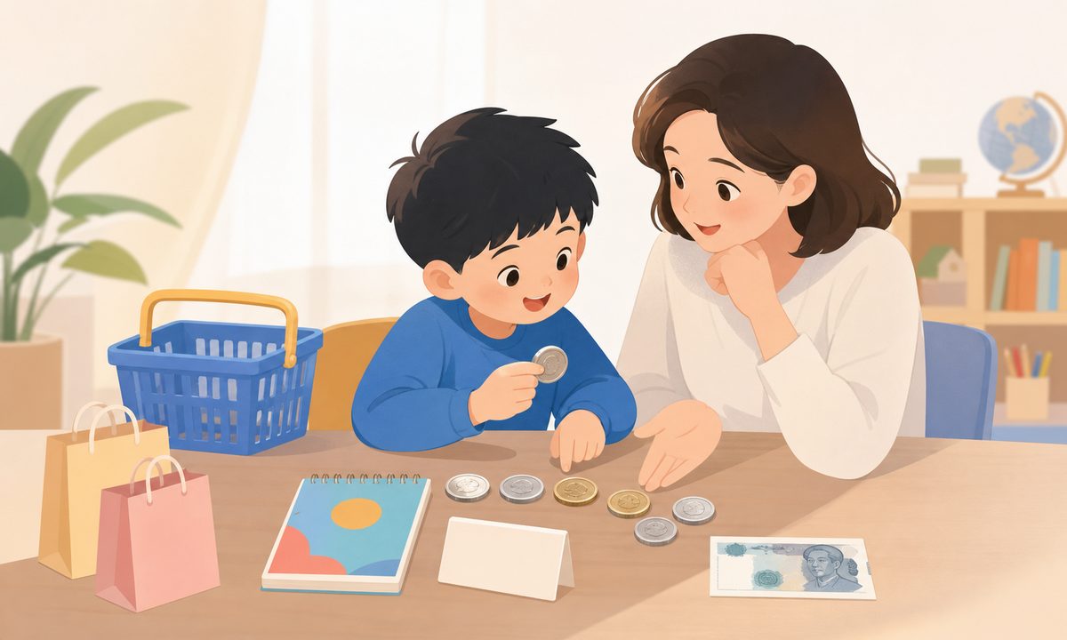 家长和孩子用真钞硬币做购物模拟,桌上摆着标价3元5角的本子和一张10元纸币