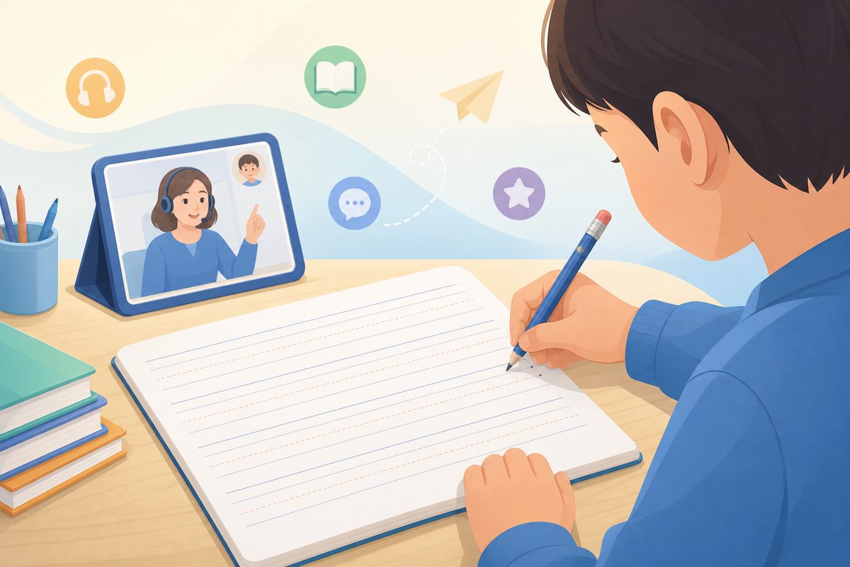小学生在四线三格作业本上抄写英文句子的特写，笔尖停在句号位置