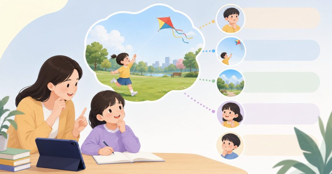 英语看图写话怎么写：家长用五个提问顺序引导孩子看一张公园放风筝的图片，说出完整英文句子