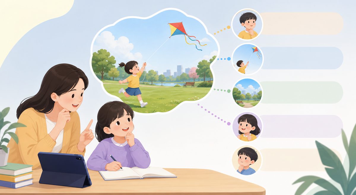 英语看图写话怎么写：家长用五个提问顺序引导孩子看一张公园放风筝的图片，说出完整英文句子