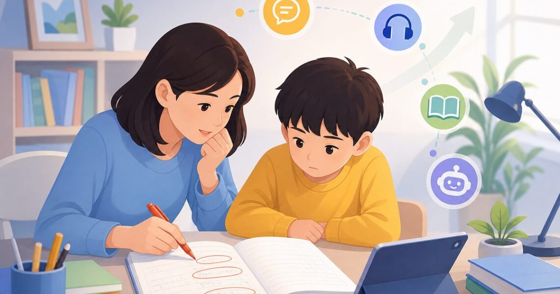 家长在作业本上圈出孩子写英语句子中式英语的三类高频错法
