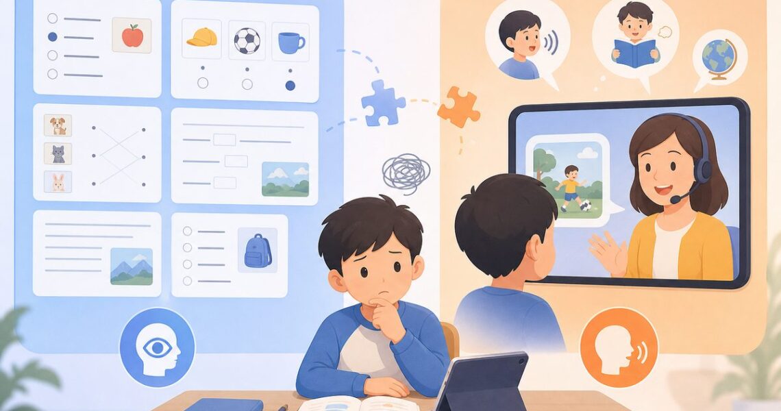 对比图：小学英语常见题型按识别任务与提取任务分类，解释英语成绩好但不会说的成因