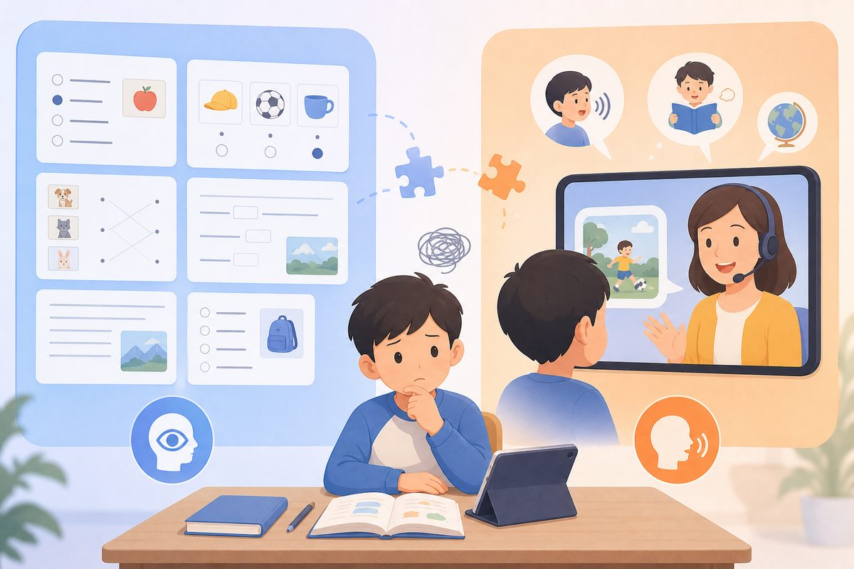 对比图：小学英语常见题型按识别任务与提取任务分类，解释英语成绩好但不会说的成因