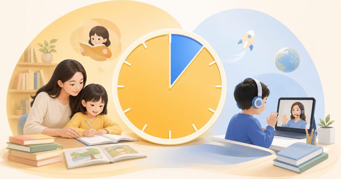学英语会影响中文吗——一周语言接触时长对比示意图，中文约78小时占93%，英语约5.5小时占6.5%