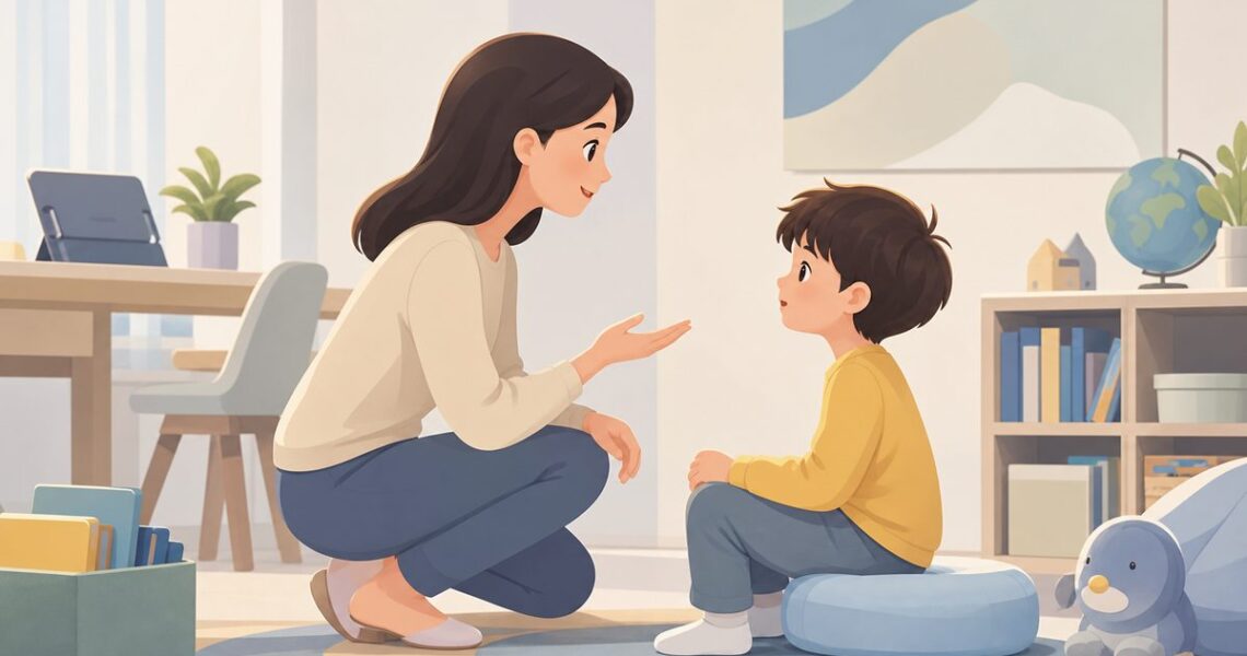 孩子用中文回答英语问题时，家长蹲下来用英语复述示范的亲子对话场景