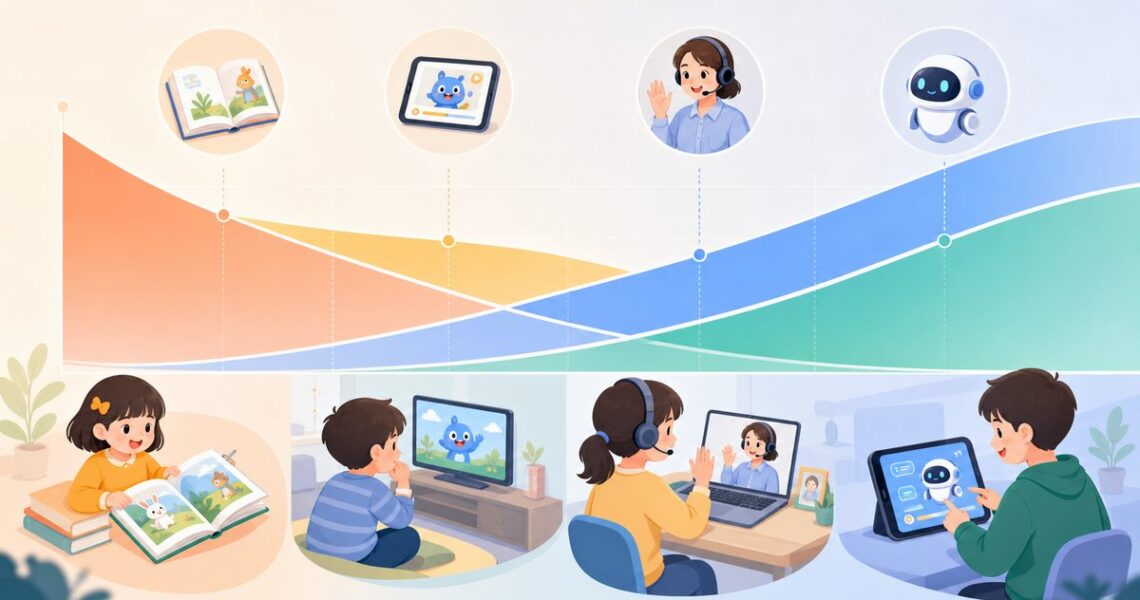英语启蒙各阶段侧重点示意图:绘本、动画、外教、AI四类资源在3-12岁的比重变化曲线