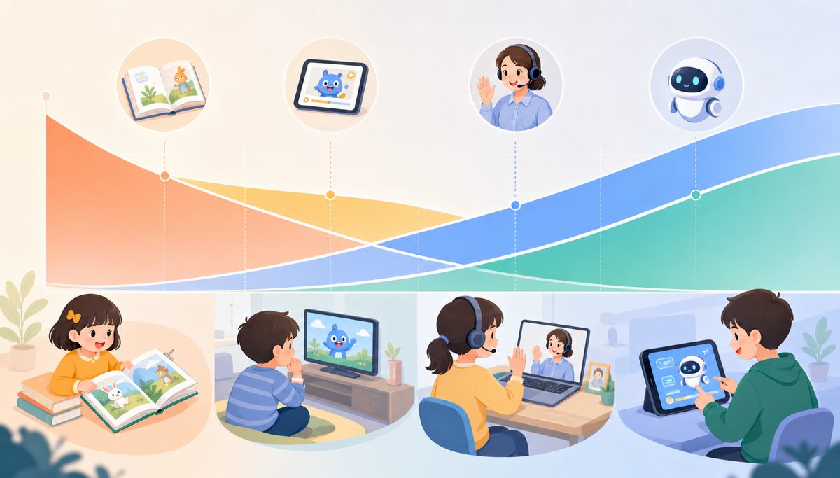 英语启蒙各阶段侧重点示意图:绘本、动画、外教、AI四类资源在3-12岁的比重变化曲线