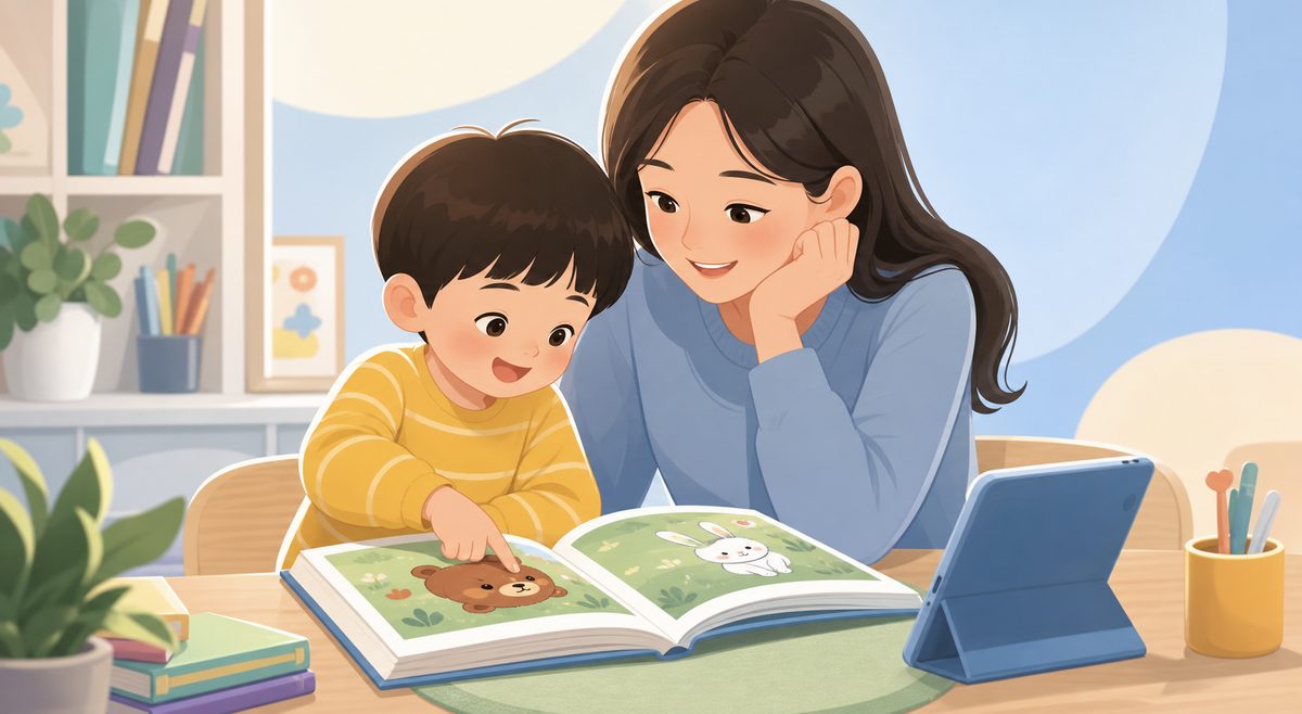幼小衔接阶段亲子共读绘本时,孩子用手指着单词跟读的场景
