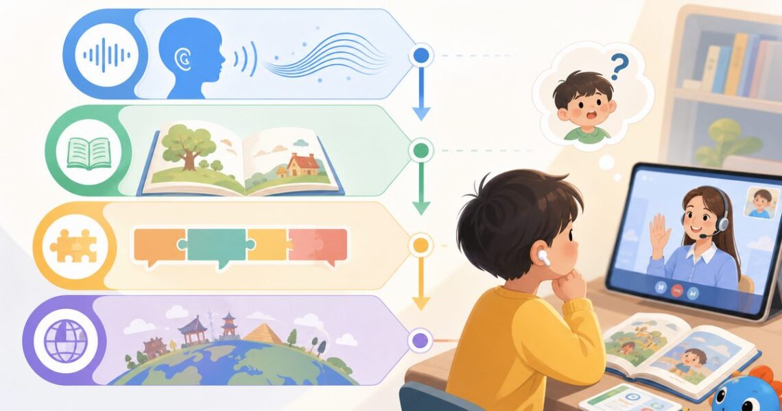 孩子英语听不懂怎么排查:语音、词汇、句子、背景知识四层定位流程图