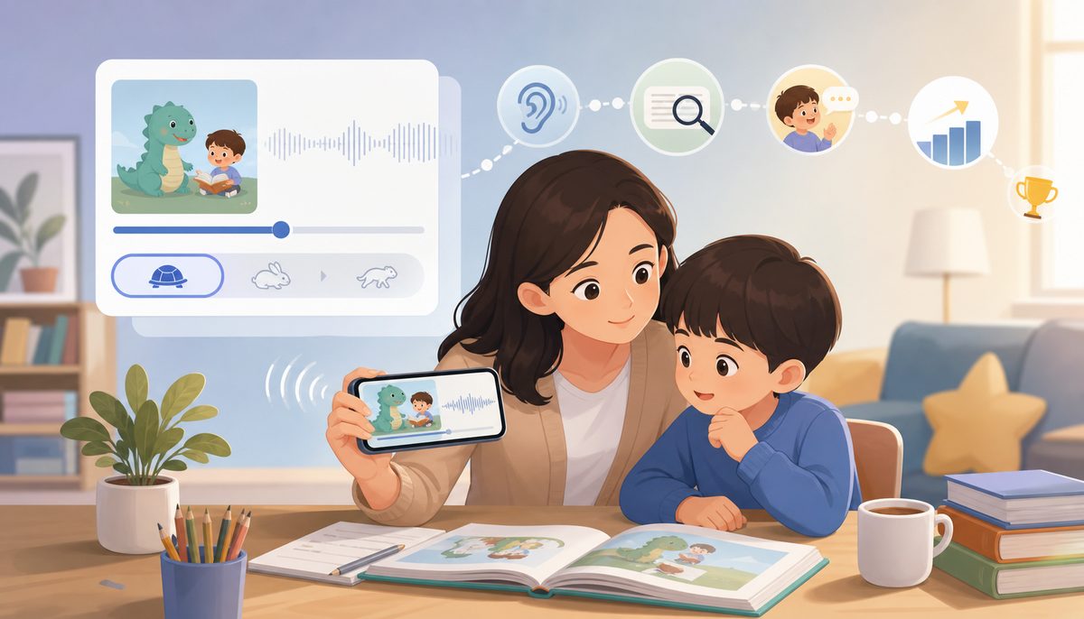 家长用手机以慢速给孩子播放英语分级音频做精听拆解