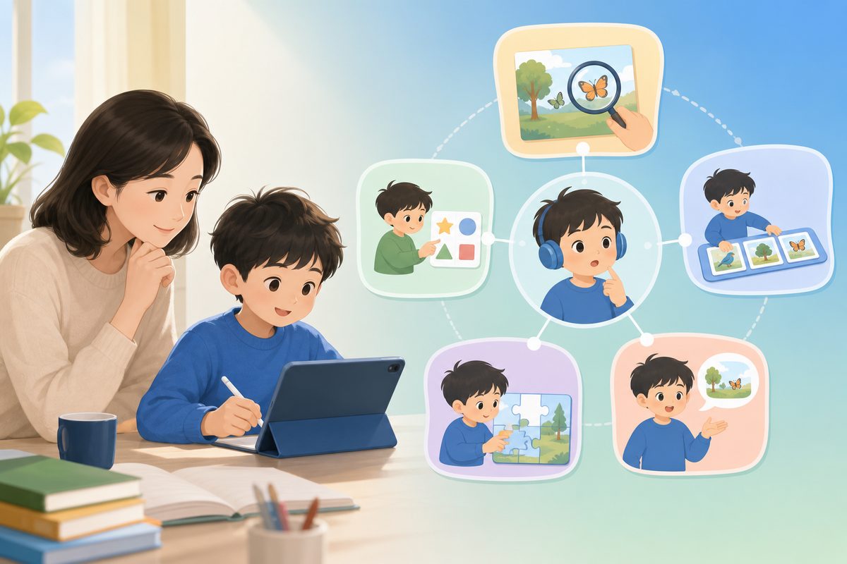 带任务听的五类任务模板:找一找、做一做、排一排、补一补、讲一讲的示意图