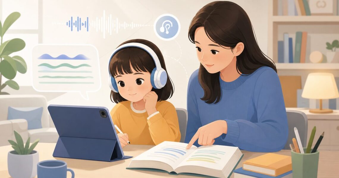 孩子戴耳机在平板前做英语听力练习，家长在旁边用手指在文本上划出意群