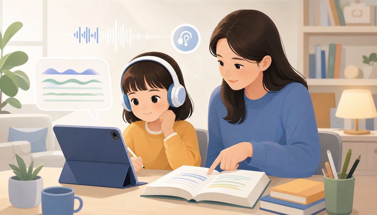 孩子戴耳机在平板前做英语听力练习，家长在旁边用手指在文本上划出意群