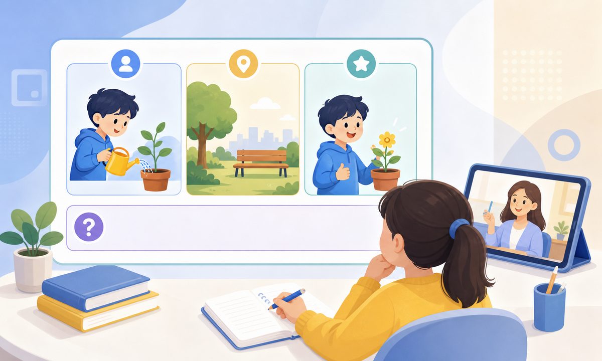 三格一问听力笔记模板示意图：谁做什么、在哪何时、结果如何三个格子加一行疑问
