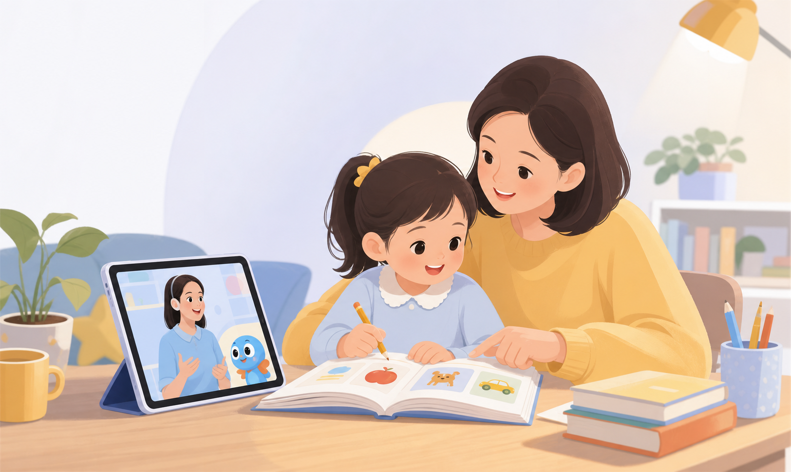 孩子在少儿英语启蒙平台试听课后完成亲子复习