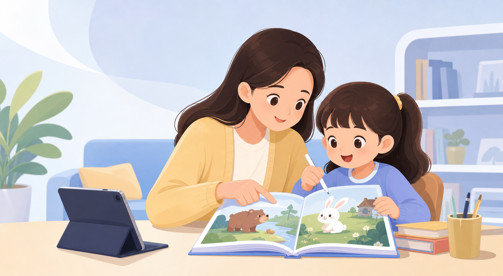 家长和孩子在试听课后用绘本进行英语复习