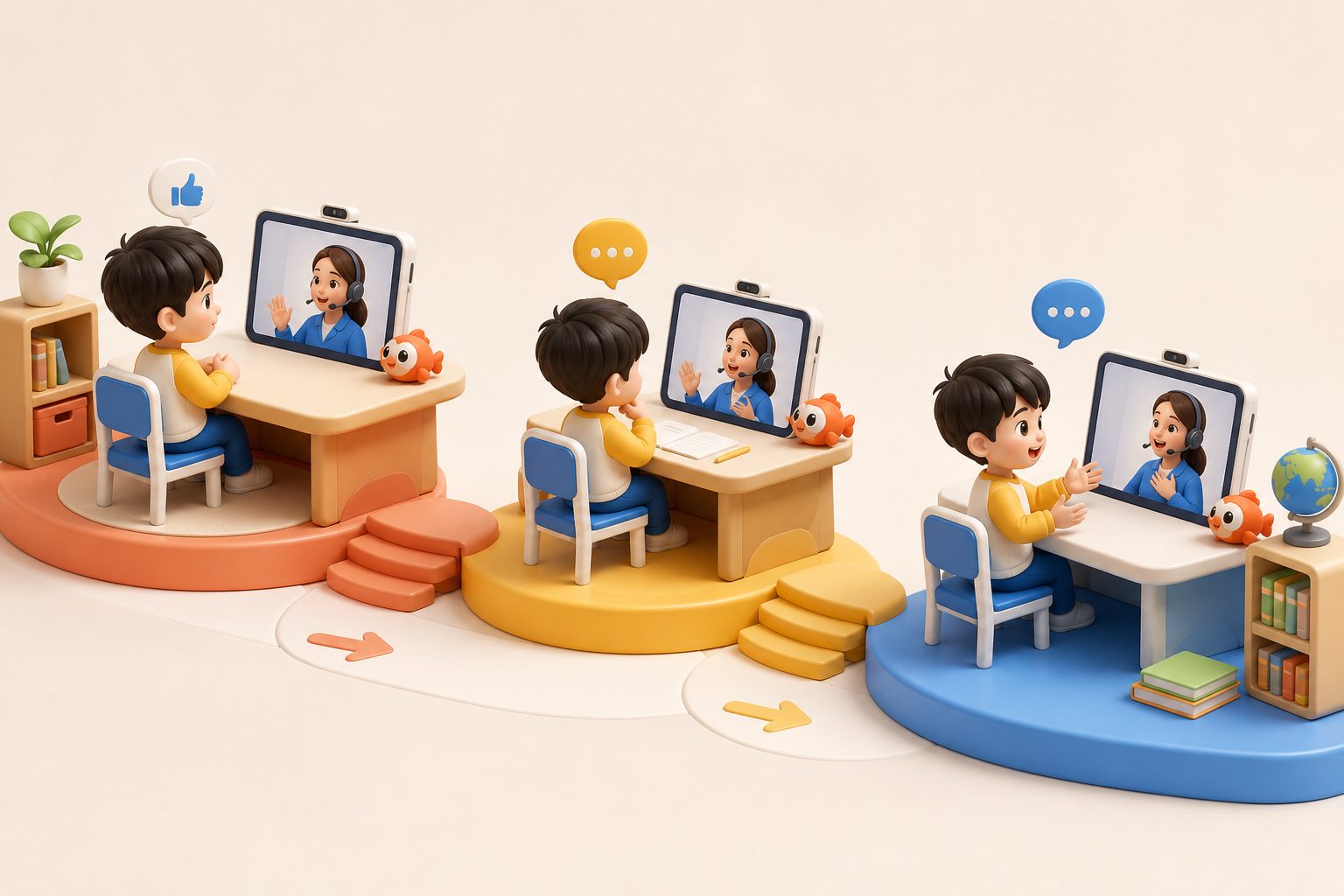 孩子从点头回应过渡到英语短句表达的课堂画面