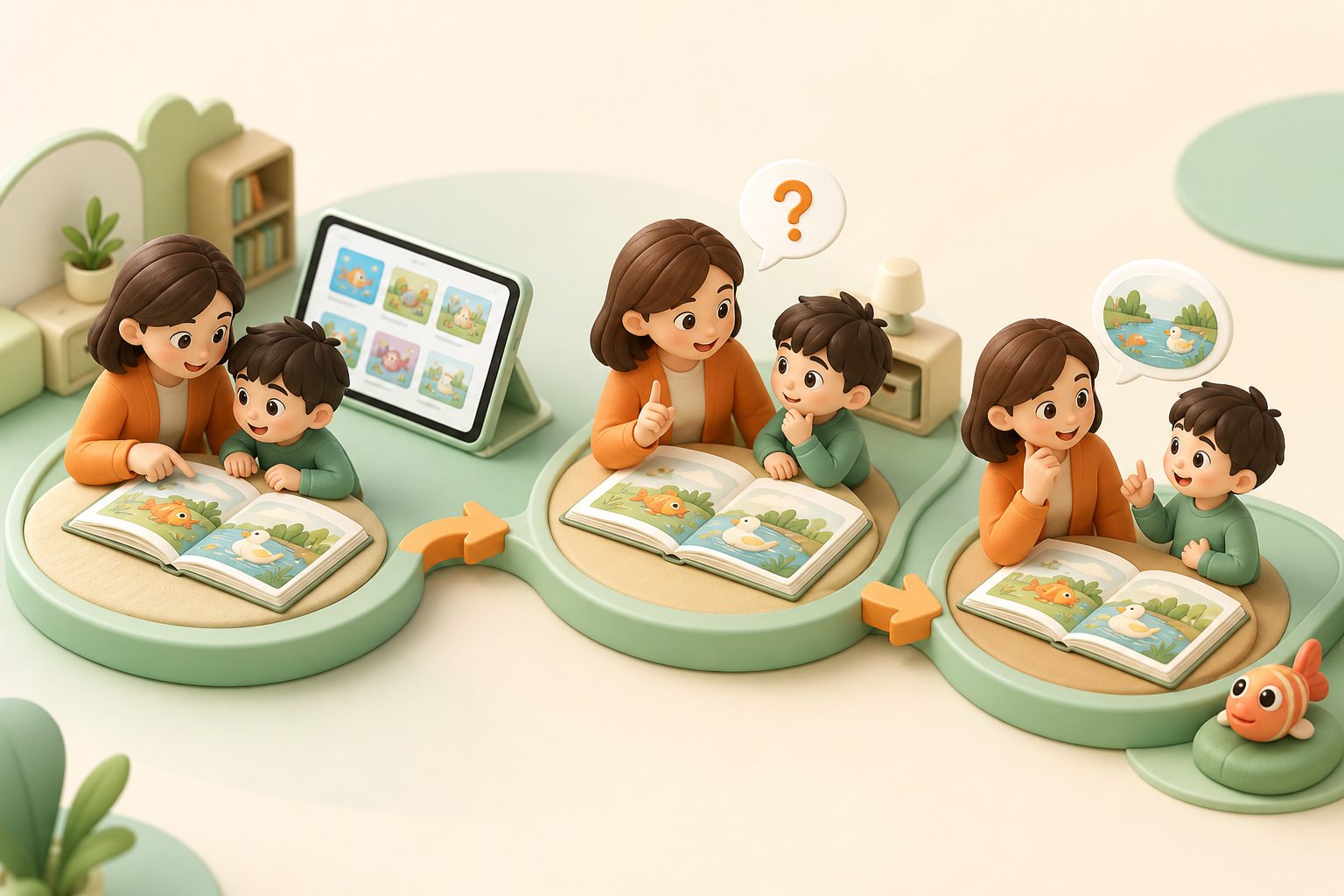 幼儿绘本阅读指导中的亲子共读场景示意:指图、提问、复述