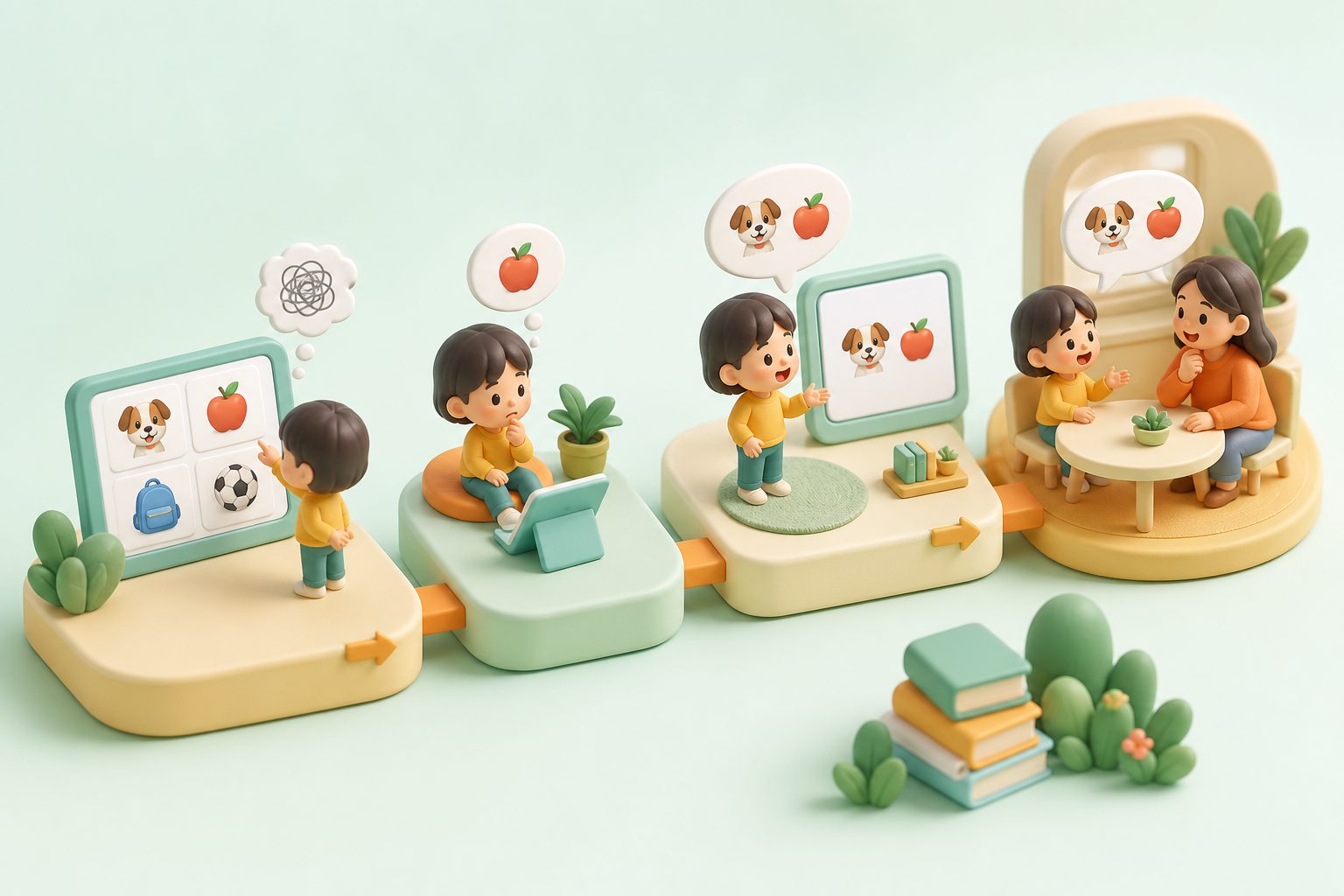 孩子面对英语开口恐惧时从指认到短句表达的过渡示意图