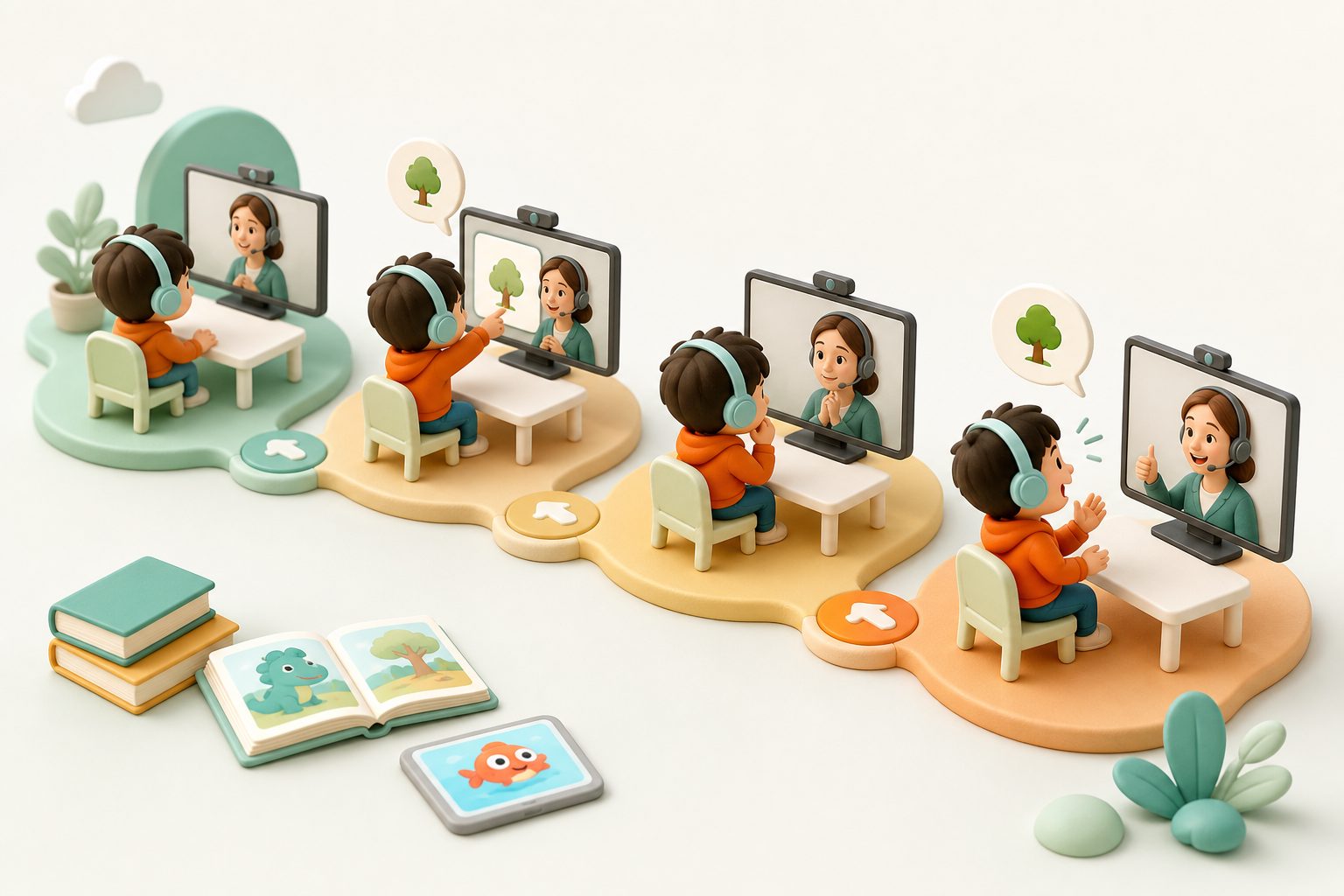 孩子在真人外教一对一试听课中从指图到说单词
