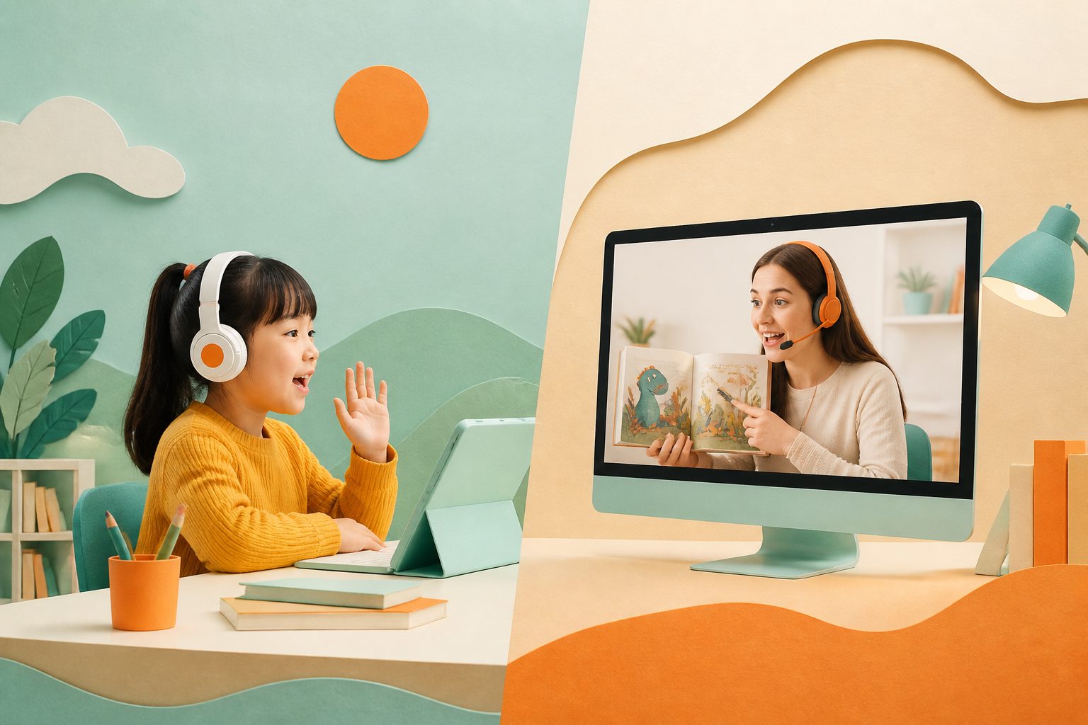 孩子在线上外教一对一课堂中开口互动并进行绘本阅读