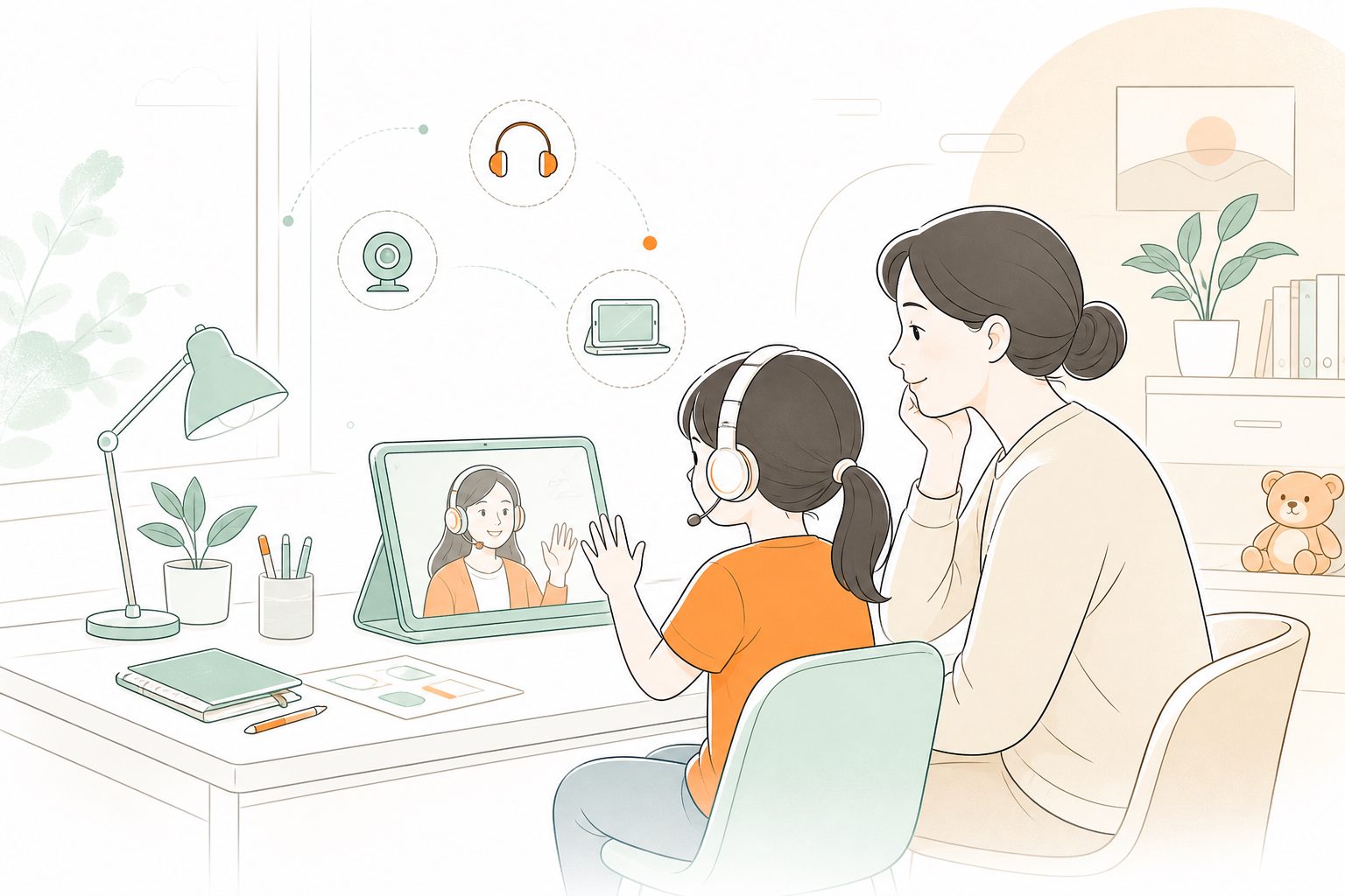 线上外教课中家长坐在孩子旁边但不抢答