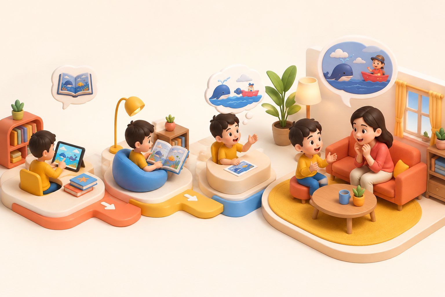 孩子进行英文分级阅读后复述故事的家庭场景