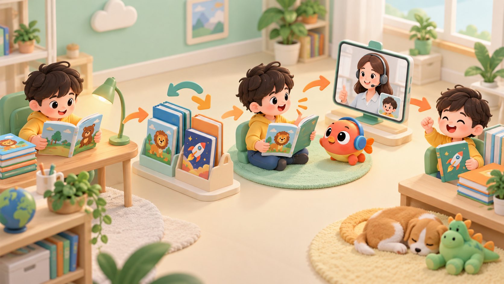 孩子进行RAZ新旧级别交替阅读与复述检测