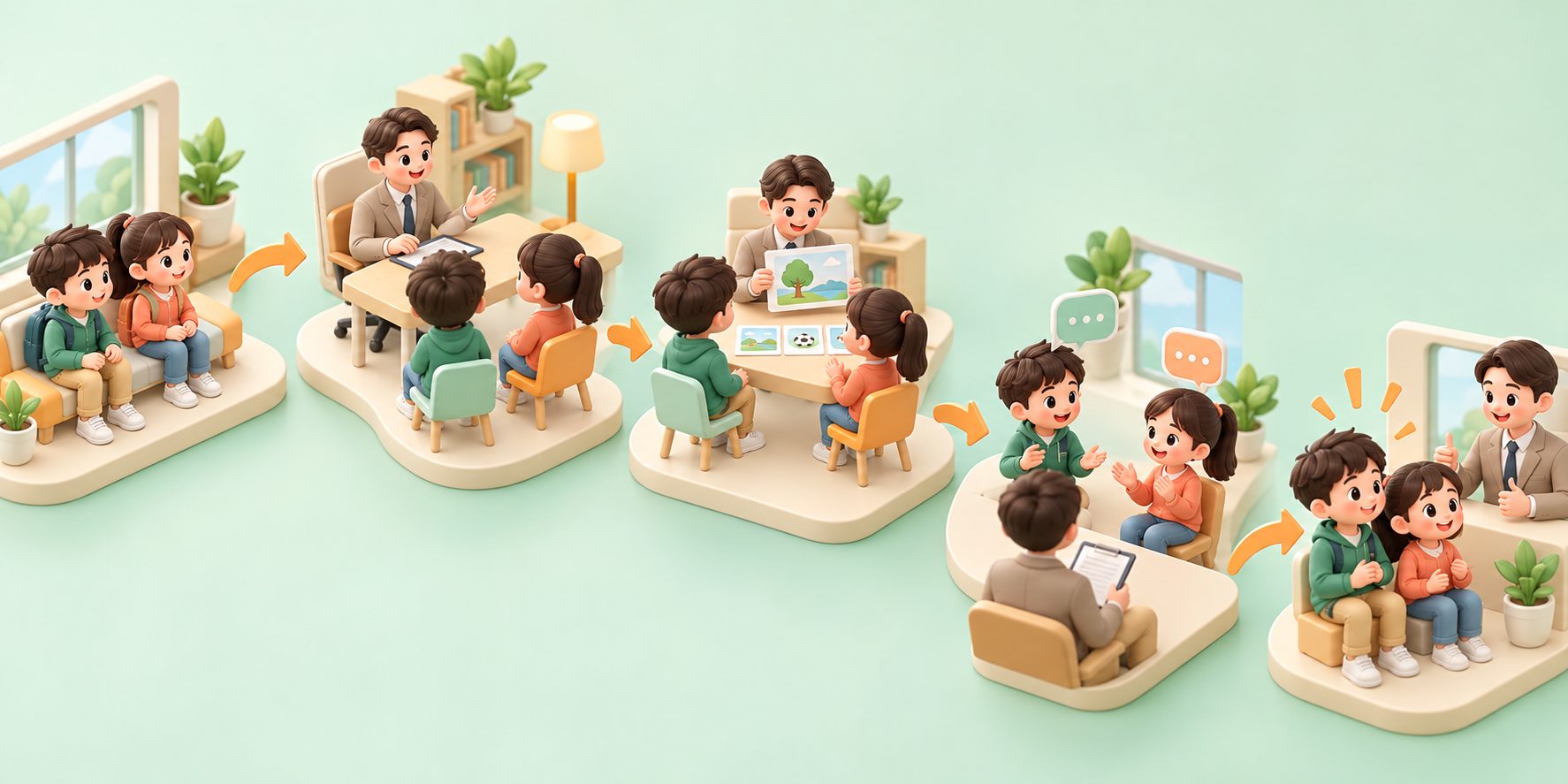 KET口语考试流程图：两名考生与考官的互动形式