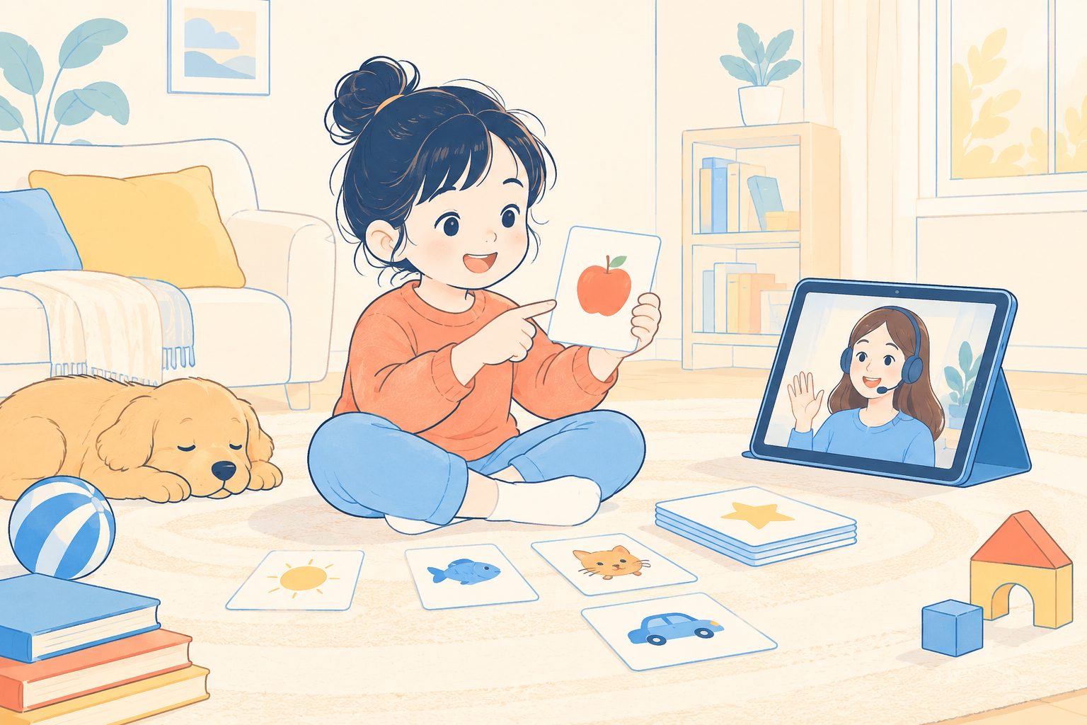 孩子用字母卡在家练习自然拼读的场景