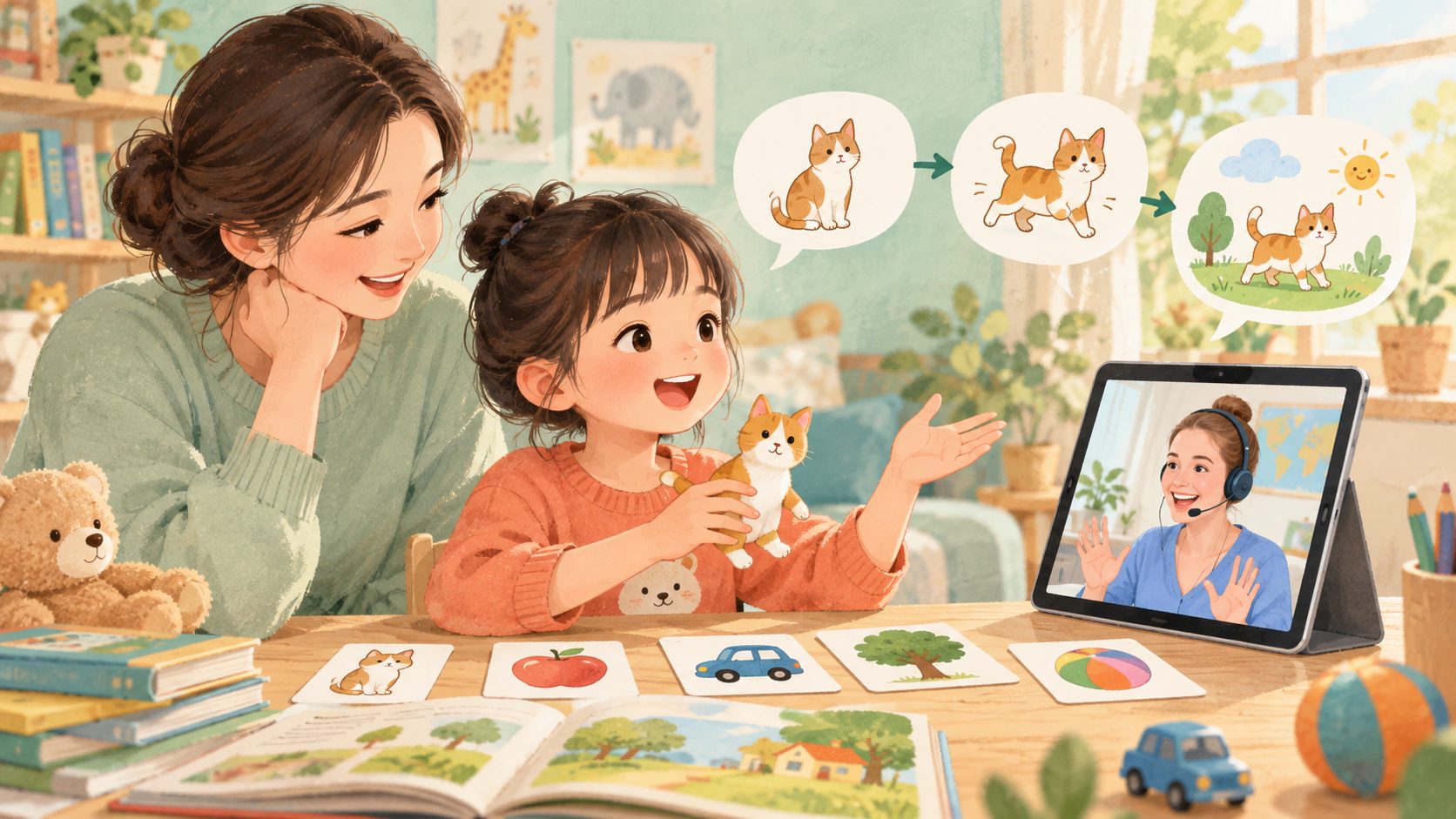 孩子用图片和实物进行英语扩句与对话练习