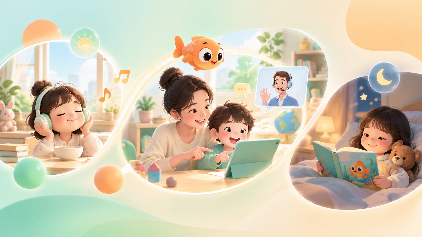 幼儿英语启蒙一日安排时间表,展示晨间听力、白天互动和睡前阅读三个英语触点