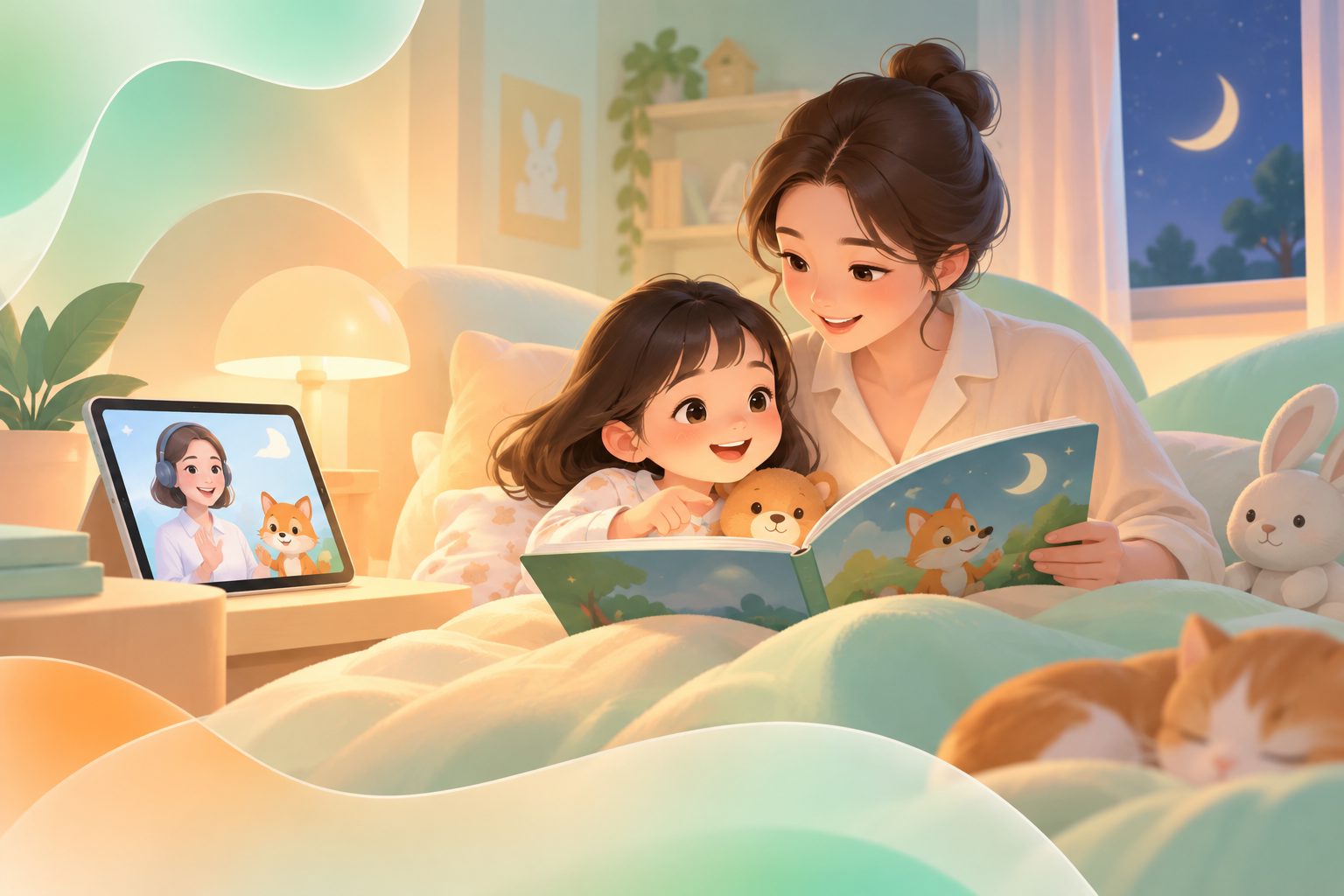职场家长陪孩子进行睡前英语绘本共读的家庭场景