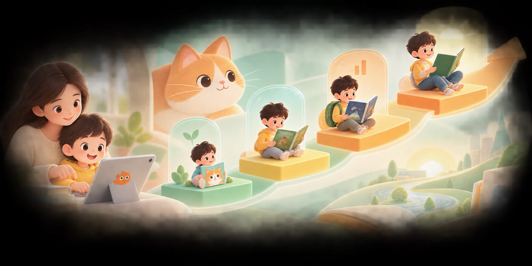 大猫分级阅读进阶路线规划示意图，展示从启蒙级到自主阅读的家庭学习路径