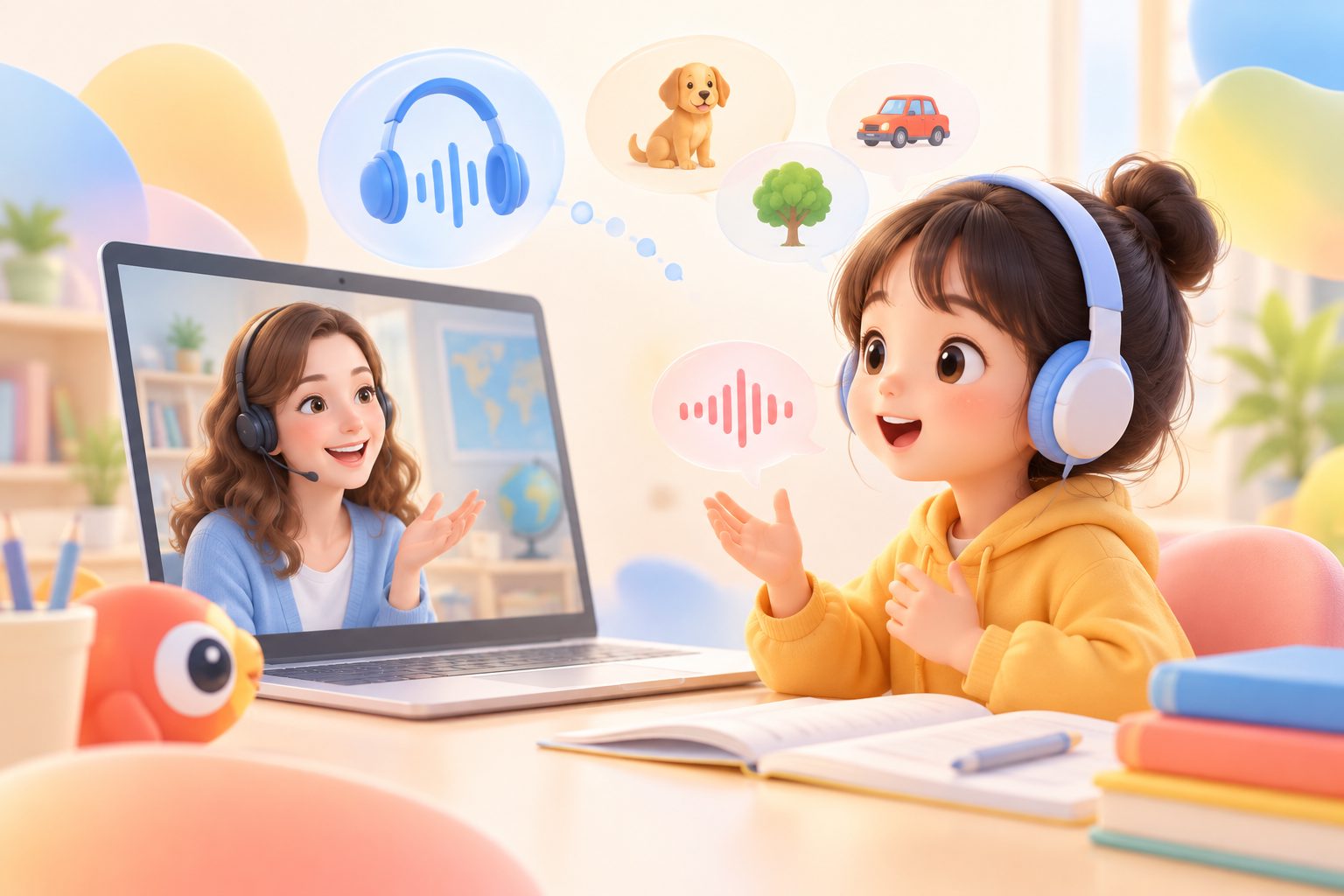 外教带领孩子进行英语听力理解与口头复述练习