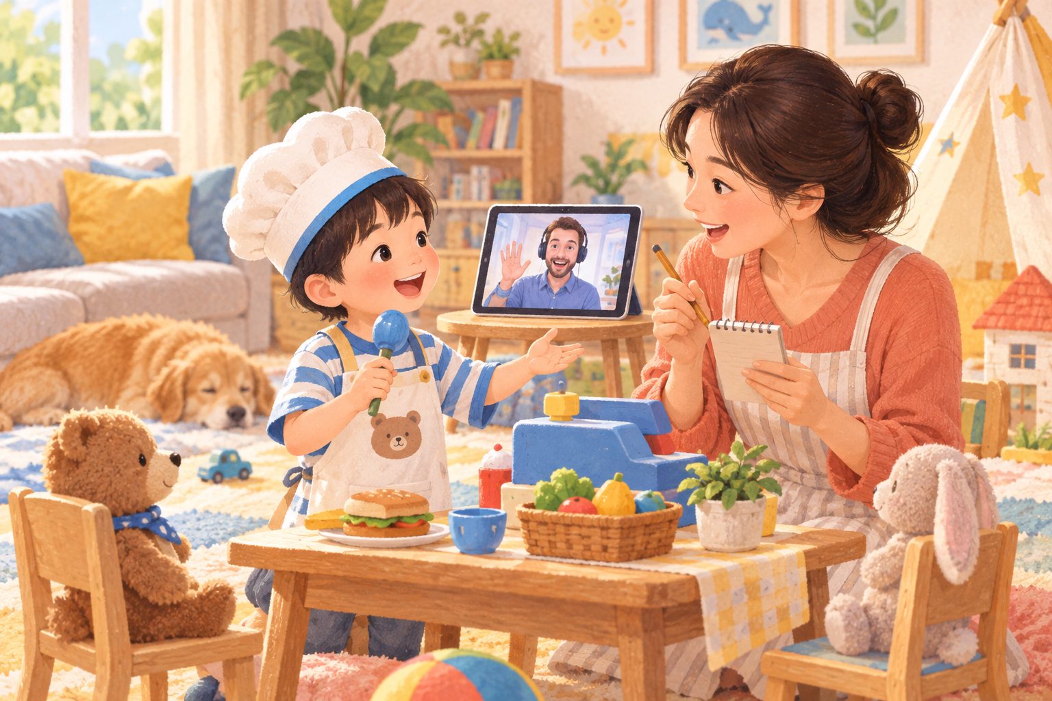 孩子通过家庭角色扮演练习英语对话和即时反应